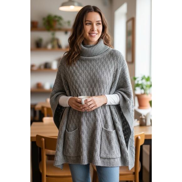 Black Label Chicos S / M Turtleneck Poncho Sweater Wool Knit Open Pockets Gray - Picture 1 of 14